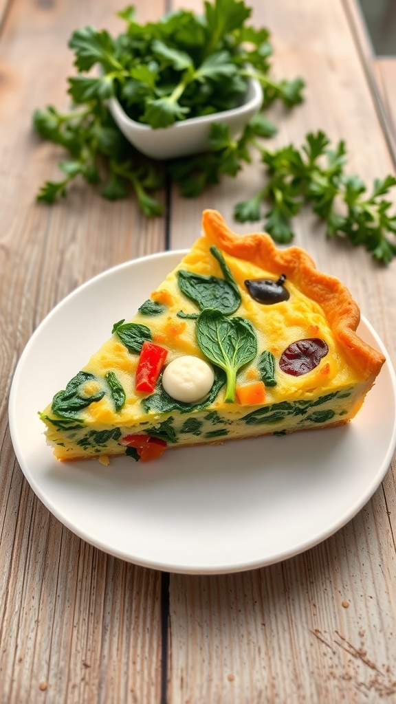 A slice of crustless vegetable quiche with spinach and bell peppers on a plate, garnished with herbs.